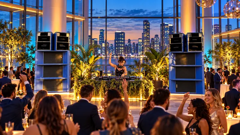 Evening reception in a glass atrium with a DJ and city skyline