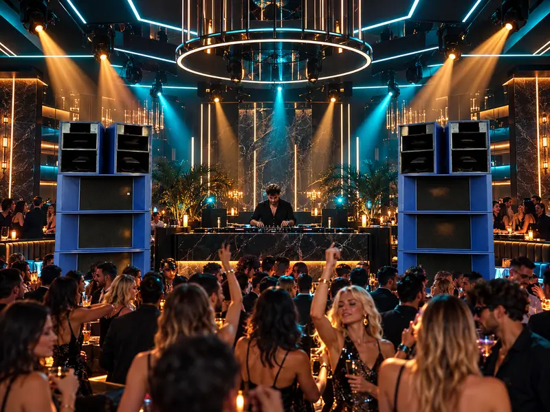 DJ playing a club set to a dancing crowd